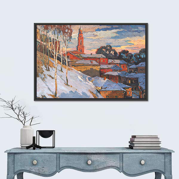 Snowy Hillside Town with Belfry Tower Canvas Wall Art