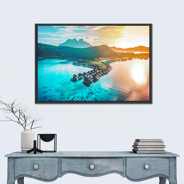 Bora Bora Overwater Bungalows at Sunset Canvas Wall Art