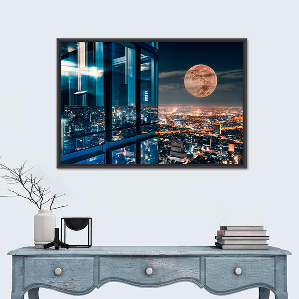 Bangkok Night Skyline with Full Moon Canvas Wall Art