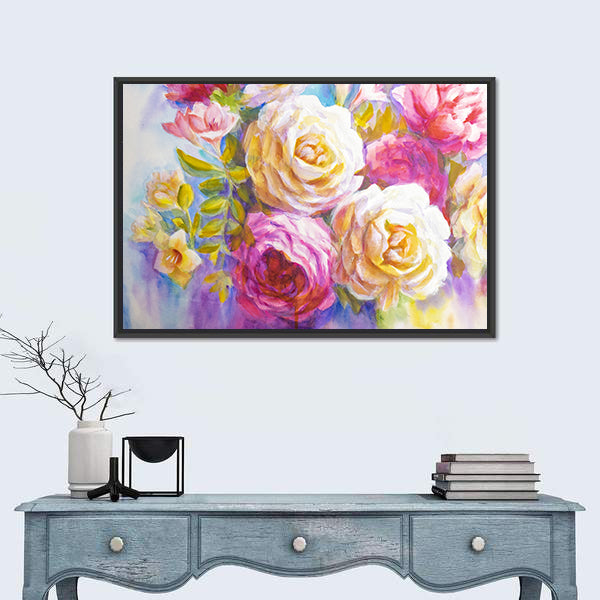 Sketch Of Peonies And Roses Bouquet Canvas Wall Art