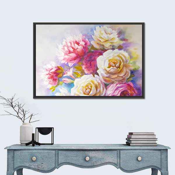 Watercolor Roses And Peonies Sketch Canvas Wall Art