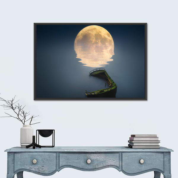 Full Moon Over Broken Ship In Sea Canvas Wall Art