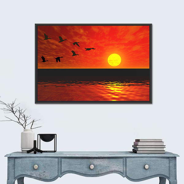 Flying Ducks At Sunset Canvas Wall Art