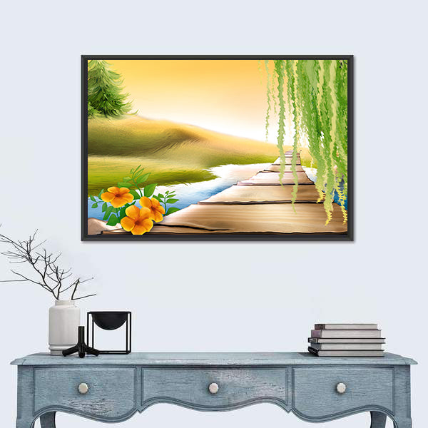 Wooden Footbridge Over Meadow Stream Canvas Wall Art