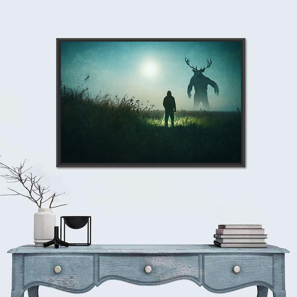 Alone Man Against Mysterious Monster Canvas Wall Art