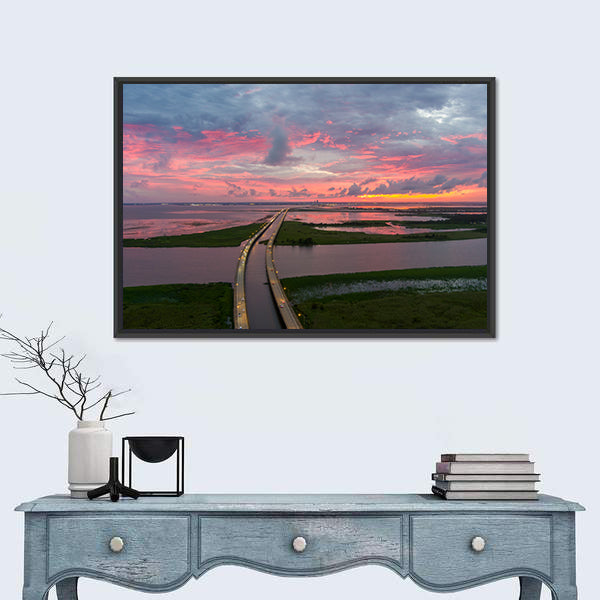 Sunset Over Coastal Bridge Canvas Wall Art