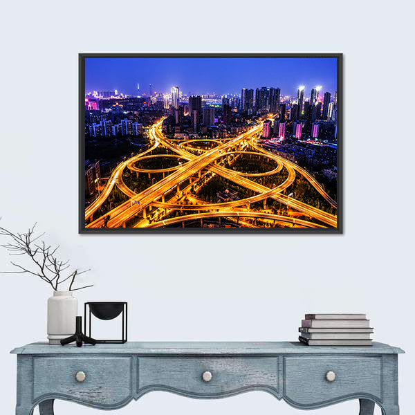 Night Traffic Interchange in Hanyang, Wuhan Canvas Wall Art