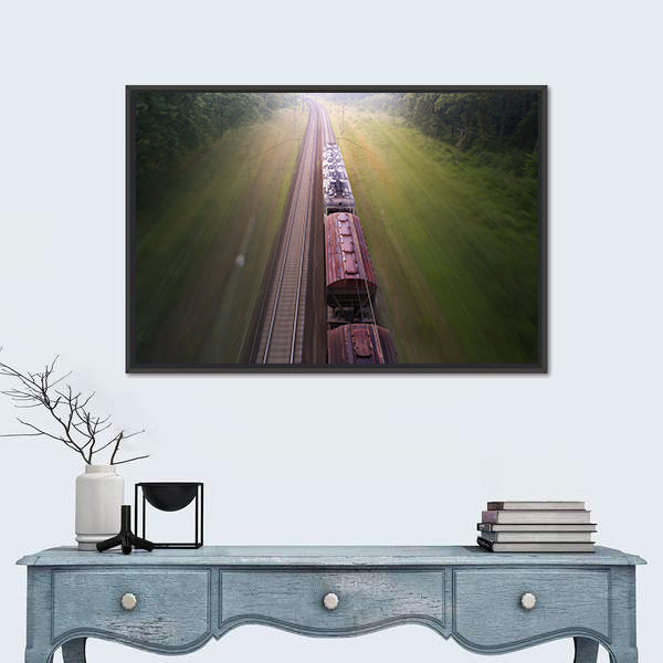 Freight Train Travels Through Foggy Forest Canvas Wall Art