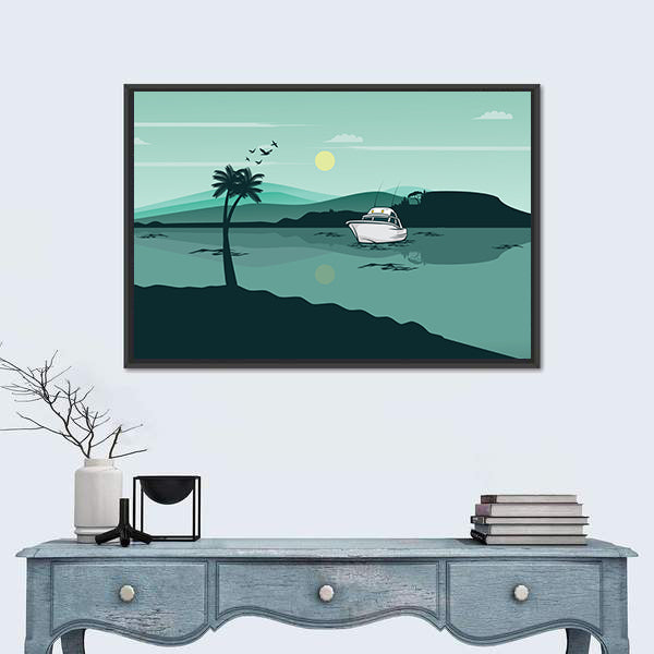 Sunlit Lake Reflection with Palm and Yacht Canvas Wall Art