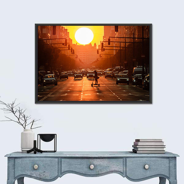 Sunset City Street with Scooter Canvas Wall Art
