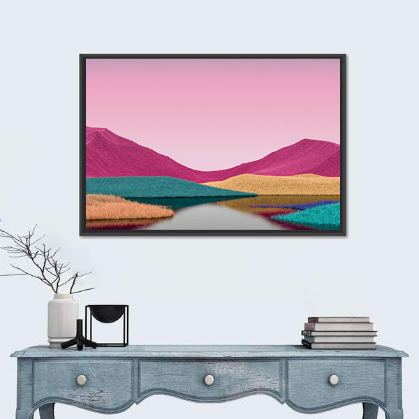 Surreal Pink Mountains with Reflective Lake Canvas Wall Art