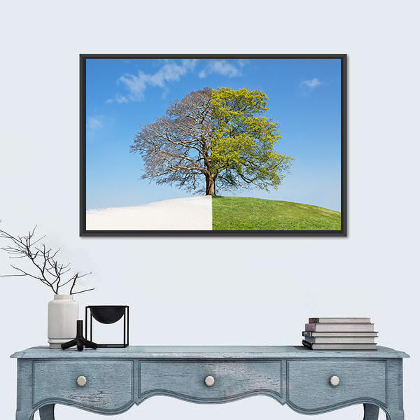 Tree Split Between Winter and Summer Canvas Wall Art