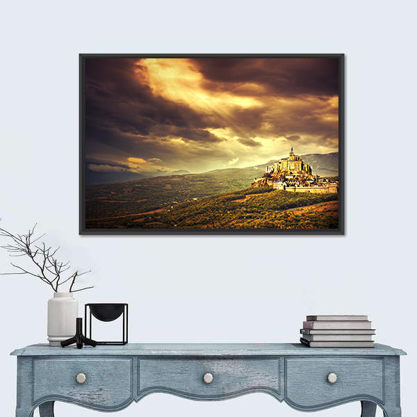 Medieval Castle on Hill at Sunset Canvas Wall Art