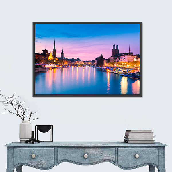 Zurich Skyline At Blue Hour In Switzerland Canvas Wall Art