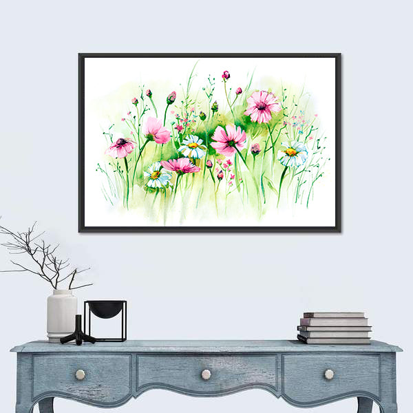 Pink Cosmos and White Daisies Meadow Canvas Wall Art