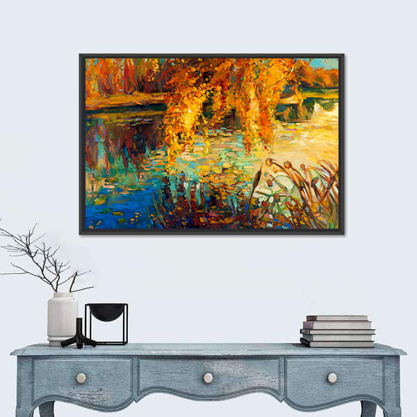 Golden Willow Over Autumn Lake Canvas Wall Art