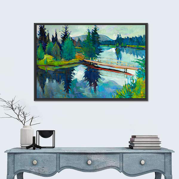 Wooden Bridge Over Reflective River Canvas Wall Art