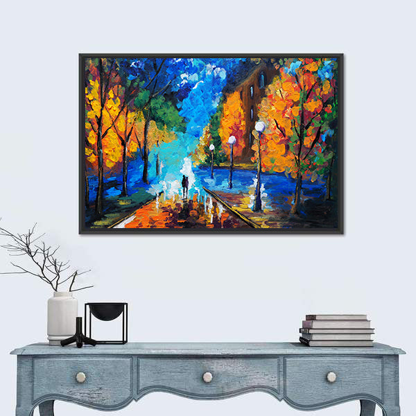 Autumn Couple Under Glowing Streetlights Canvas Wall Art