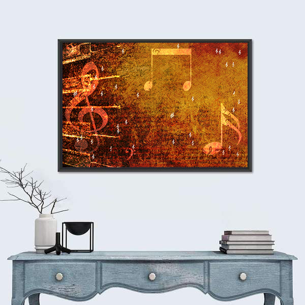 Grunge Music Notes with Golden-orange Glow Canvas Wall Art
