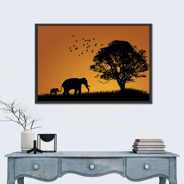 African Elephants In The Sunset Canvas Wall Art