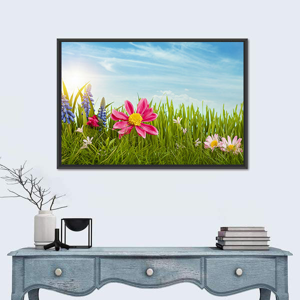 Spring Flowers Under Blue Sky Canvas Wall Art