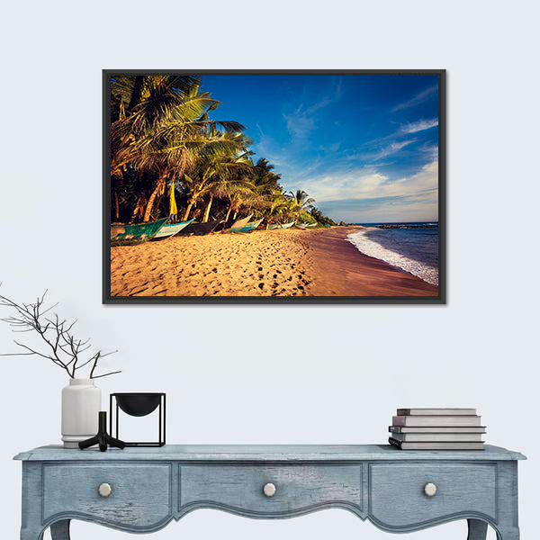 Boats On A Tropical Beach In Mirissa South Sri Lanka Canvas Wall Art