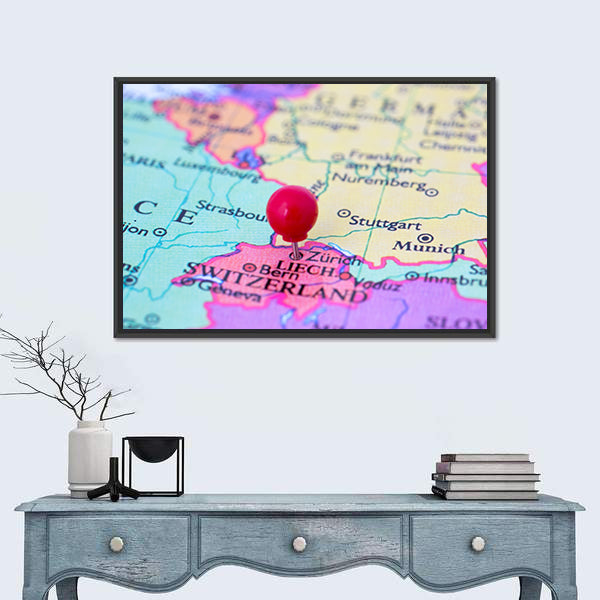 Red Pushpin on Map of Switzerland Canvas Wall Art