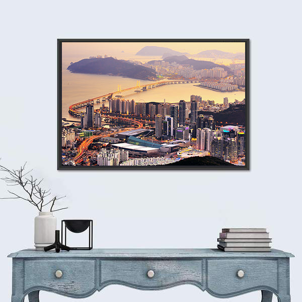 Coastal City Skyline at Golden Dusk Canvas Wall Art