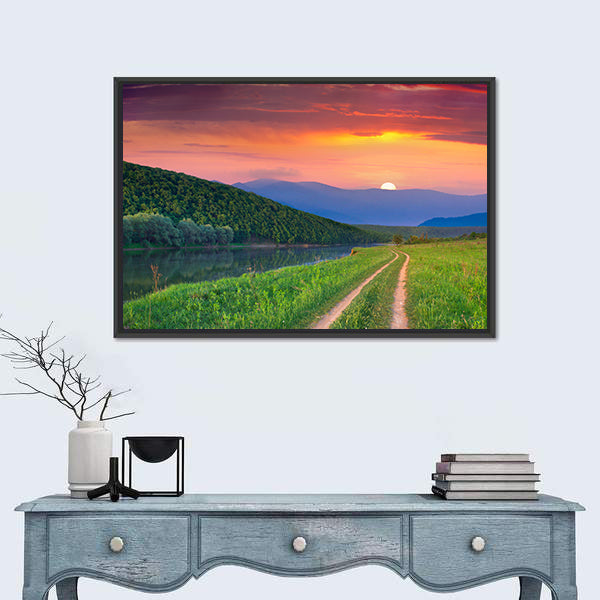 Sunset Meadow with River and Dirt Road Canvas Wall Art