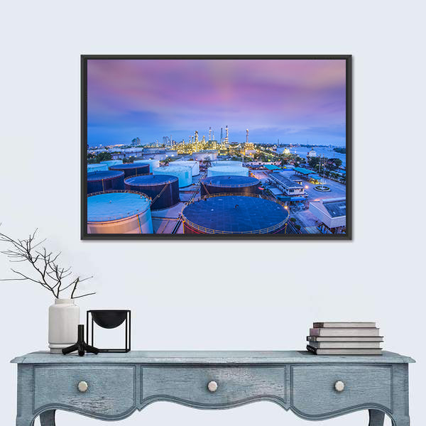 Twilight Oil Refinery with Storage Tanks Canvas Wall Art