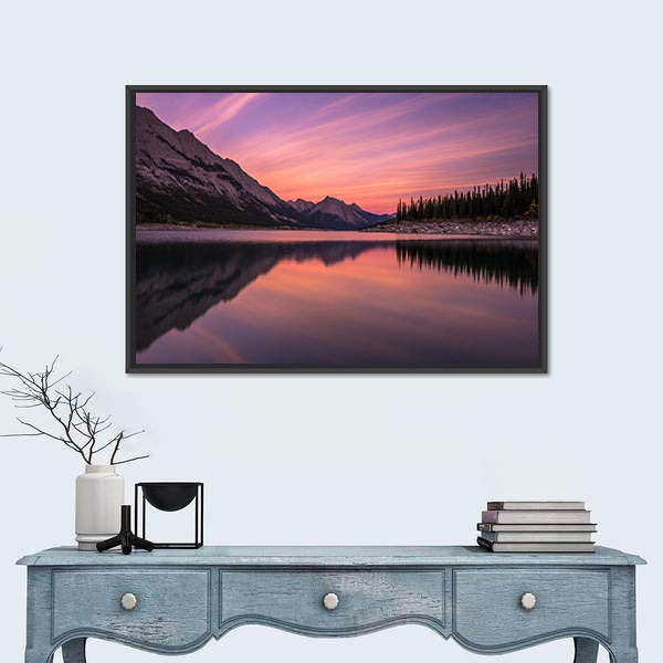 Medicine Lake At Sunset In Canadian Rockies Canvas Wall Art