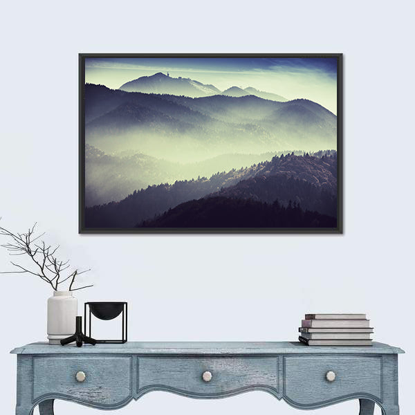 Misty Mountain Valley with Tower Silhouette Canvas Wall Art