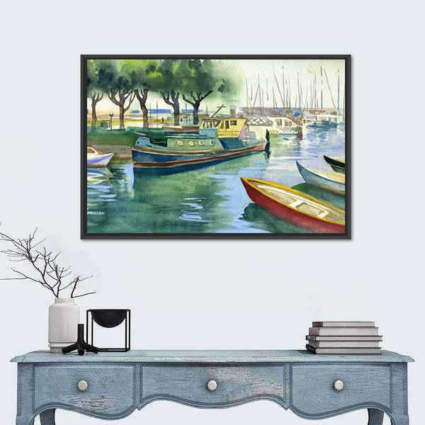 Watercolor Boats Canal Canvas Wall Art