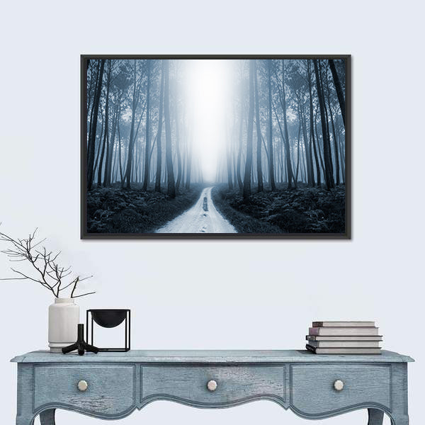 Scary Misty Road In The Forest Canvas Wall Art