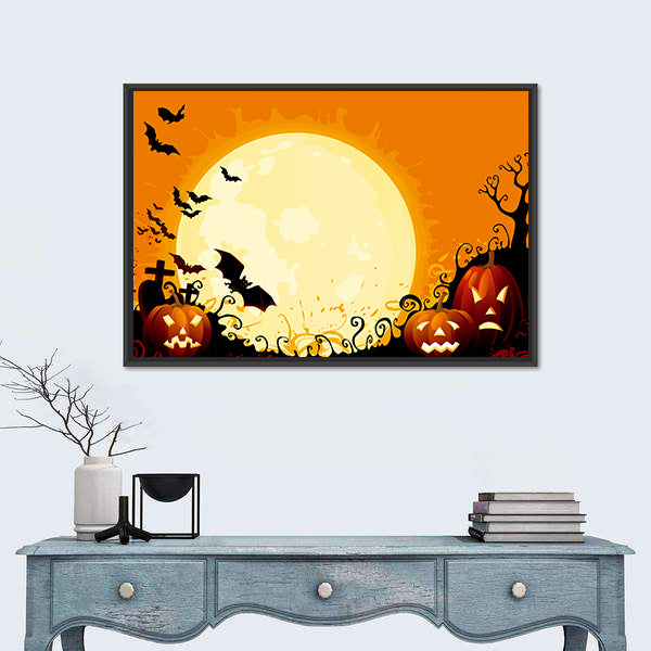 Jack-o'-lanterns Under Full Moon Canvas Wall Art