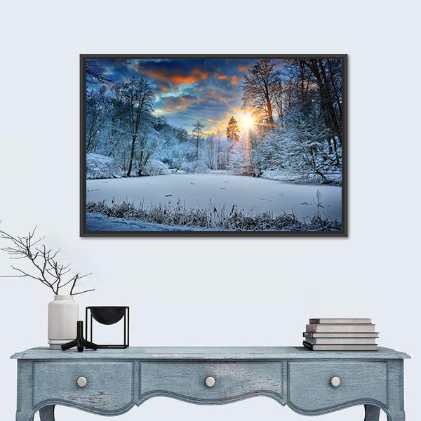 Spectacular Sunset Over Winter Forest Lake Canvas Wall Art