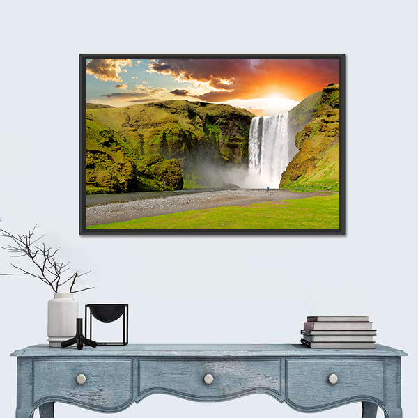 Skogafoss Waterfall At Sunset In Iceland Canvas Wall Art
