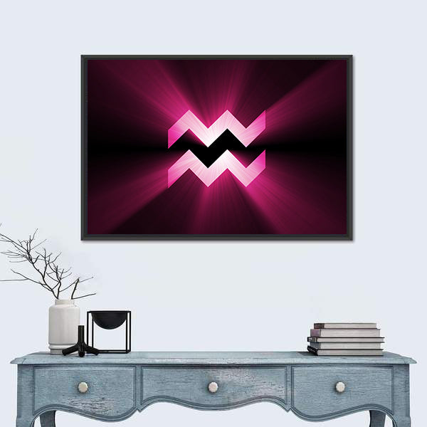 Glowing Pink Aquarius Zodiac Symbol Canvas Wall Art