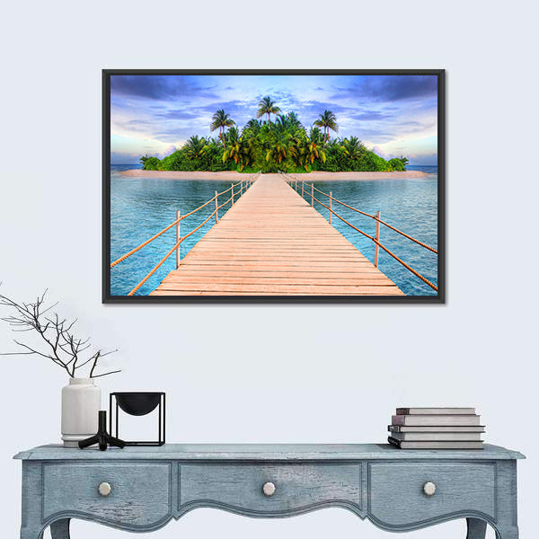 Wooden Pier to Tropical Maldives Island Canvas Wall Art