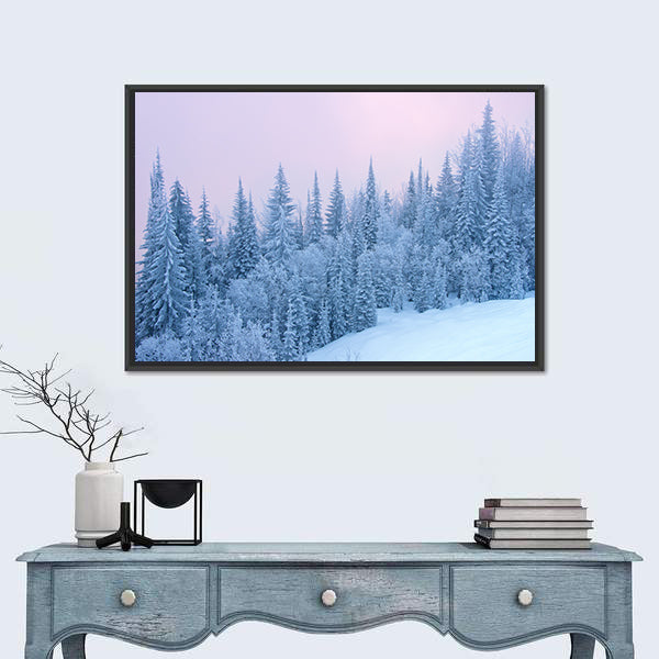 Winter Forest At The Sunset With Fog Canvas Wall Art