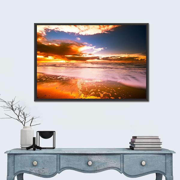 Sunset And Waves On The Beach Canvas Wall Art