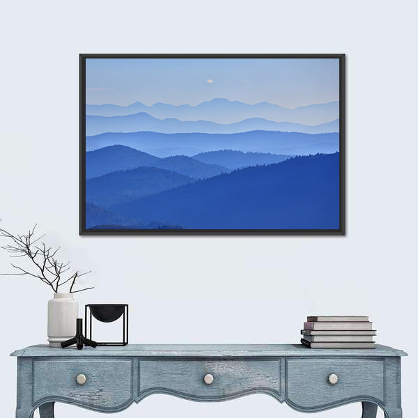 Misty Mountain Valley with Moon Canvas Wall Art