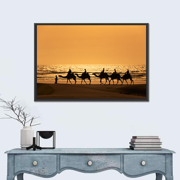 Silhouette Of Dromedary And Tourists At Sunset Morocco Canvas Wall Art