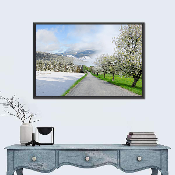Road Between Winter and Spring Canvas Wall Art
