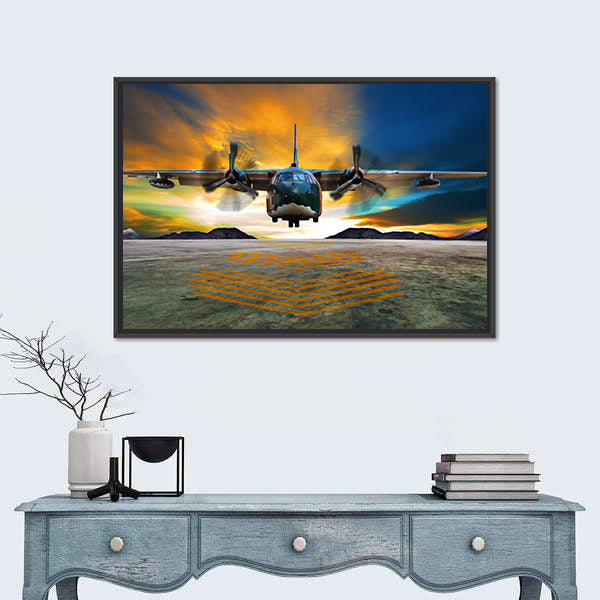 Twin-engine Military Transport at Golden Hour Canvas Wall Art