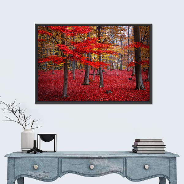 Red Trees In The Forest During Fall Canvas Wall Art
