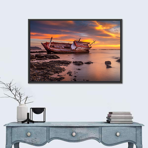 Fishing Boat Moored On Beach At Sunset Canvas Wall Art