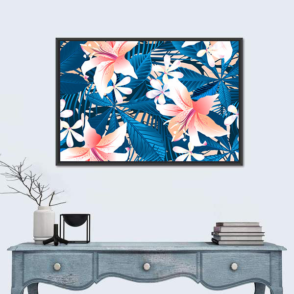 Tropical Lily and Plumeria Floral Pattern Canvas Wall Art