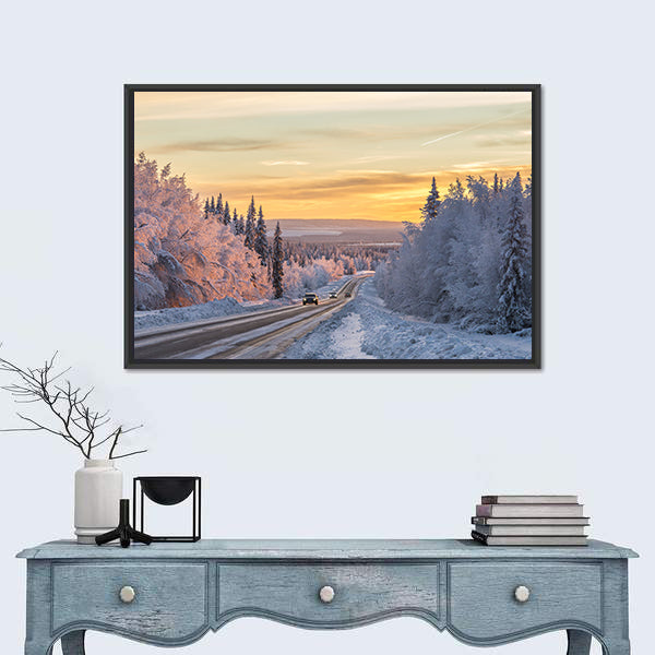 Winter Road In Northern Sweden Canvas Wall Art