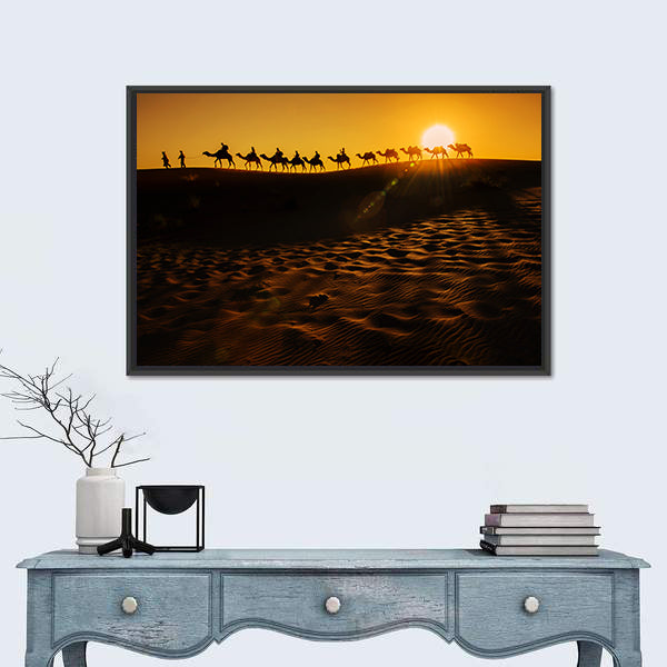 Camel Caravan at Sunset Canvas Wall Art